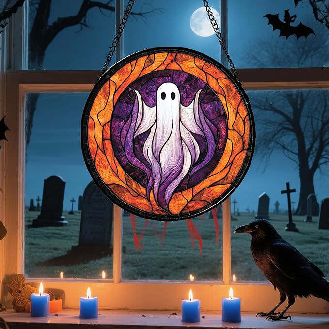 Stained Glass Window Hanging - Halloween Decorations White Purple Ghost Suncatcher for Doors Garden Indoor Spooky Funny Sun Catchers Gothic Decor Horror Gifts for Women Men Friend 7.8 in