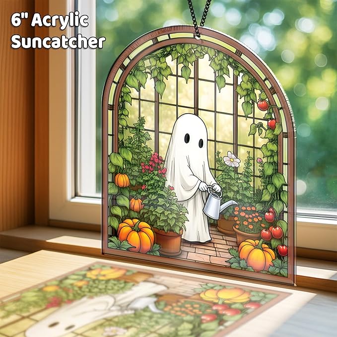 2 Cute Halloween Decoration Suncatchers, Spooky Cute Ghost Plant Window Hangings, Ghost with Black Cat Greenhouse, Pumpkin Ornaments Home Garden, Gifts for Mom, Plant Lovers, Women, Girl SS358
