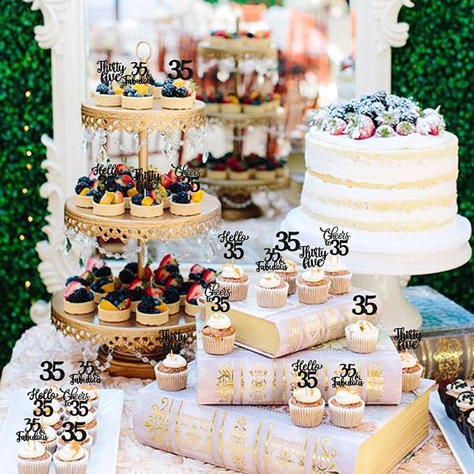 30PCS Happy 35th Birthday Cupcake Toppers Glitter Hello 35 Fabulous Thirty Five Cheers to 35 Years Old Birthday Cupcake Picks for Happy 35th Birthday Anniversary Party Cake Decor Supplies Black