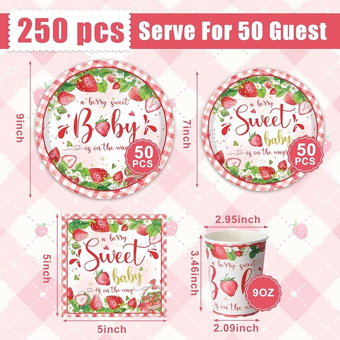 250 Pcs Strawberry Baby Shower Party Supplies for Girls Strawberry Paper Plates Napkins and Cups Party Tableware Set A Berry Sweet Baby Is on The Way Berry Shortcake Decorations, Serves 50
