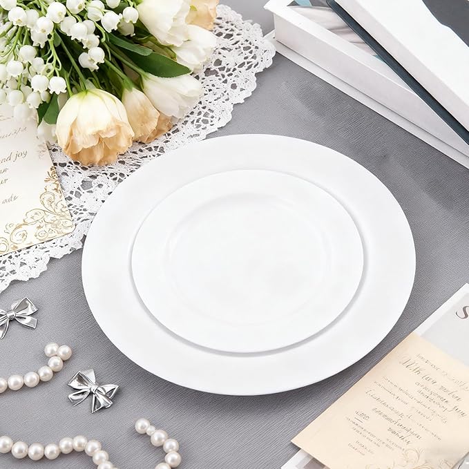 MENDENG 50PCS White Plastic Plates for Party, 25x10.25 Dinner Plates & 25x7.5 Dessert Plates, Heavy Duty Disposable Plastic Plates for Wedding Party Picnic Family Dinner