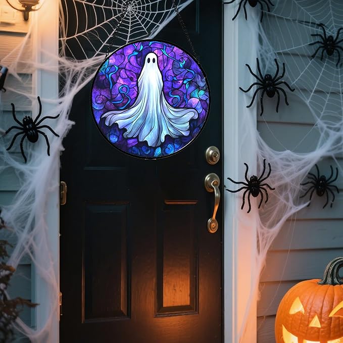 Stained Glass Window Hanging - Halloween Decoration Fantasy Ghost Suncatcher for Door Garden Spooky Blue Purple Sun Catchers Gothic Decor Horror Gifts for Women Men Friend Boy Girl 9.8 in