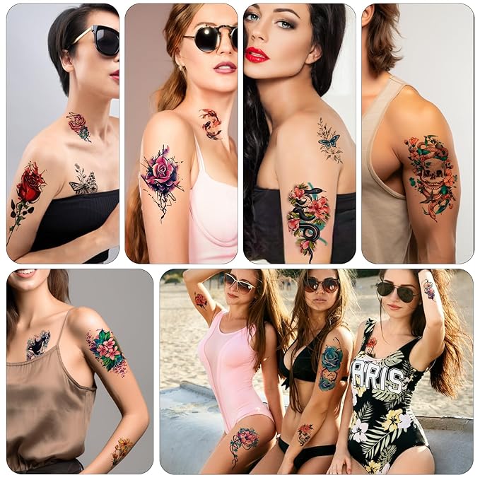 77 Sheets Temporary Tattoo, 17 Sheets Half Arm Flower Rose Skull Butterfly Snake Fake Tattoos for Adults, 60 Sheets Tiny Waterproof Temporary Tattoos Body Art Sticker Realistic for Women Girls or Kids