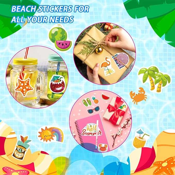 32 Sheet Summer Stickers, Summer Fun Sticker Sheets for Kids - Waterproof, Luau Hawaii Beach Party Decorations, Beach & Tropical Themed Stickers for Scrapbook, Water Bottles, Party Favor Kids Birthday