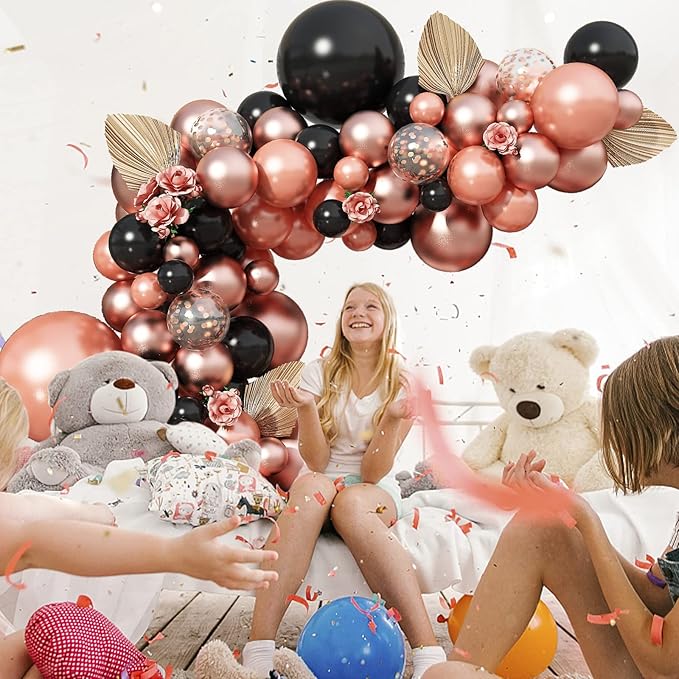 Rose Gold and Black Balloon Arch Kit, 102pcs Matte Black and Metallic Pearl Rose Gold Confetti Latex Balloons Garland Kit for Women Girls Birthday Baby Bridal Shower Wedding Party Decorations Supplies