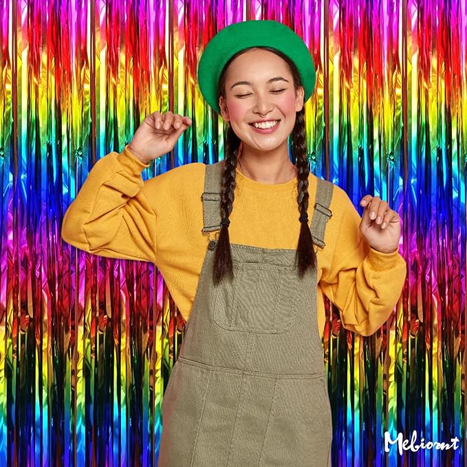 4 Pack Rainbow Fringe Curtain Backdrop, 3.2Ft x 9.8Ft Colorful Metallic Tinsel Foil Fringe Streamers for Photo Booth Birthday Wedding Baby Shower Carnival Easter Mother’s Day Party Decorations