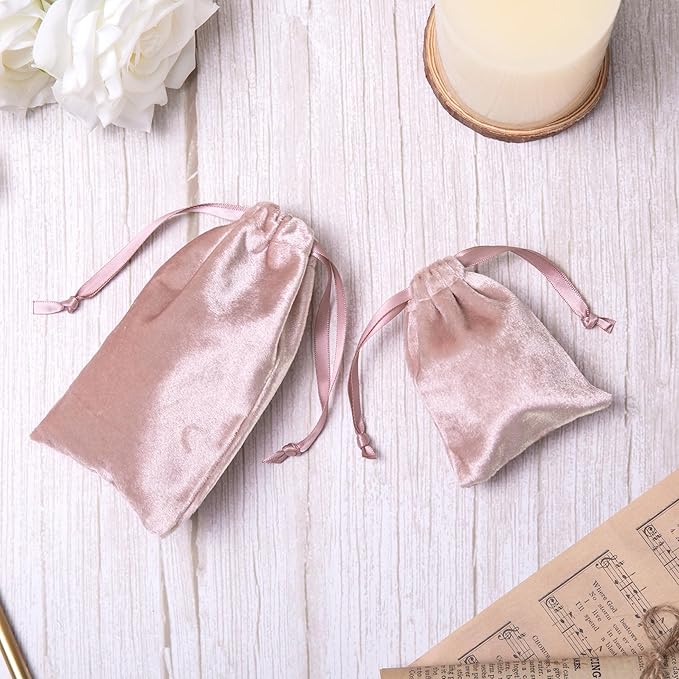 QIANF 12pcs Rose Pink Velvet Drawstring Bags 4x6 inches Glossy Small Velvet Cloth Gift Bags Jewelry Pouches for Storage Wedding Party Favor Christmas