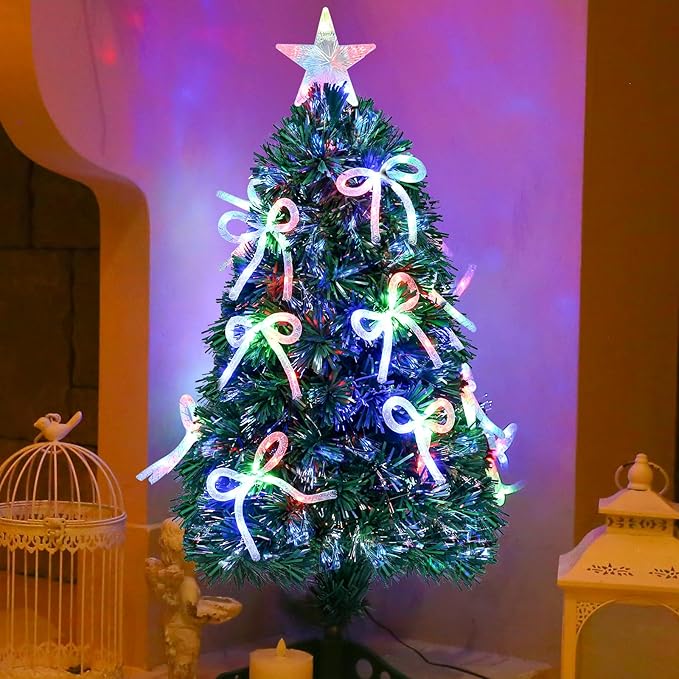 Joyhalo 3 FT Fiber Optic Mini Christmas Tree, Pre Lit Christmas Tree, Table Top Small Christmas Trees with Star Tree Topper，Bows, Metal Stand