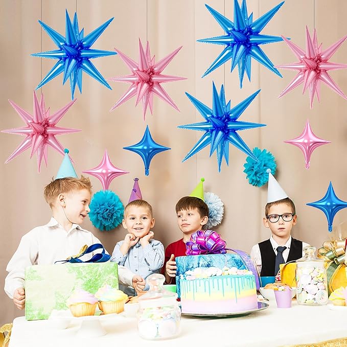 18 Pcs Pink Blue Star Balloons, Blue and Pink Balloon with 6 Pcs 22-Inch Explosion Star Balloons 12Pcs 10-Inch Four Pointed Stars Foil Balloon for Wedding Baby Shower Birthday Party Decoration
