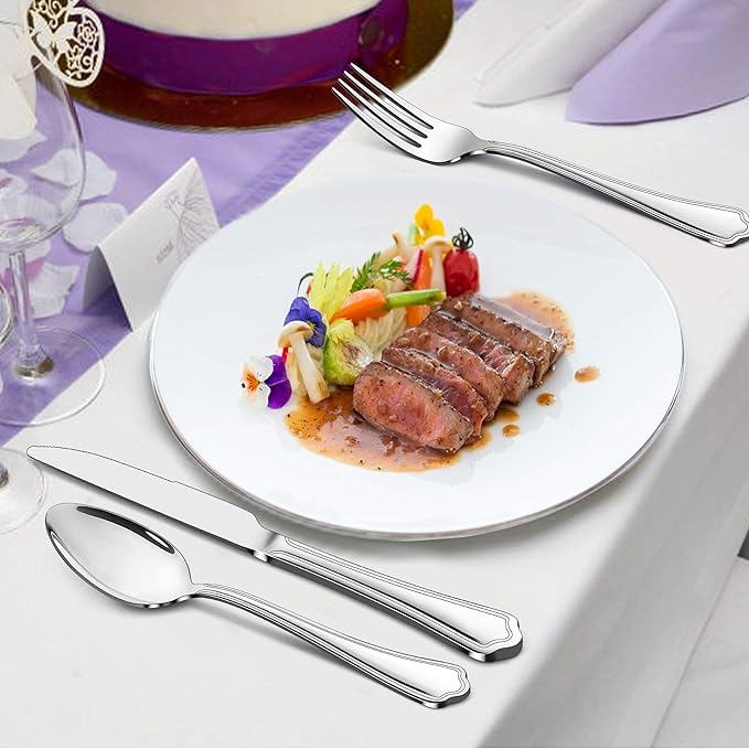 LIANYU 29-Piece Silverware Flatware Set for 4, Plus Steak Knives and Serving Utensils, Stainless Steel Cutlery Set, Eating Utensils Tableware with Scalloped Edge, Dishwasher Safe