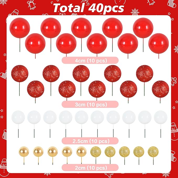 BEISHIDA 40 pcs Foam Ball Shaped Cake Toppers with Sticks Perfect for Birthday Party Baby Shower Christmas Party Decor Wedding Anniversary Chinese New Year(Red, Gold, White)
