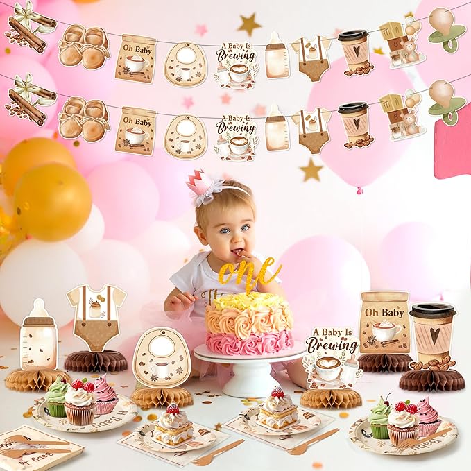 A Baby is Brewing Party Decoration - Serves 24-105Pcs Coffee Baby Shower Tableware Set Latte Honeycomb Centerpieces Disposable Plate Napkin Tablecloth Banner Gender Reveal Photo Prop