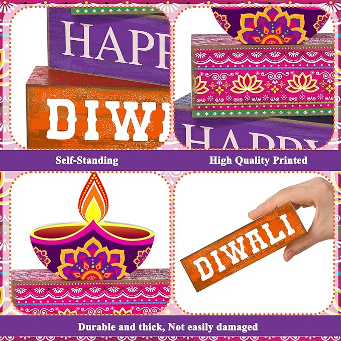 4 Pcs Diwali Wooden Table Decoration Centerpiece Happy Diwali Tiered Tray Decor Warm Wishes Diyas Wooden Design for Traditional Festival Party Deepawali Celebration Supplies