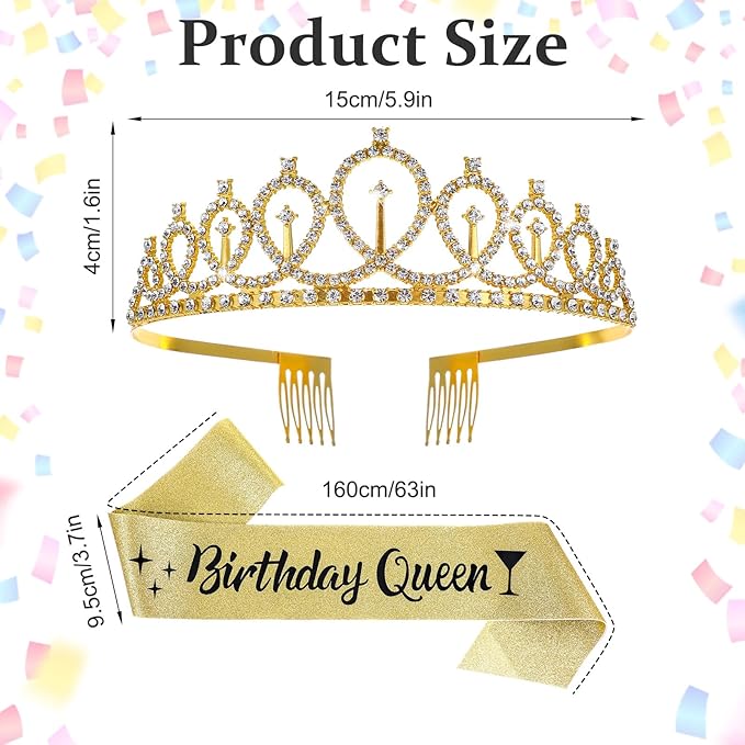 Elegant 2Piece Gold Crown and Ribbon Set, Deluxe Birthday Tiara for Women with Sash, Princess Party Accessories for Birthday Celebration, Halloween Cos-play Costume,Christmas
