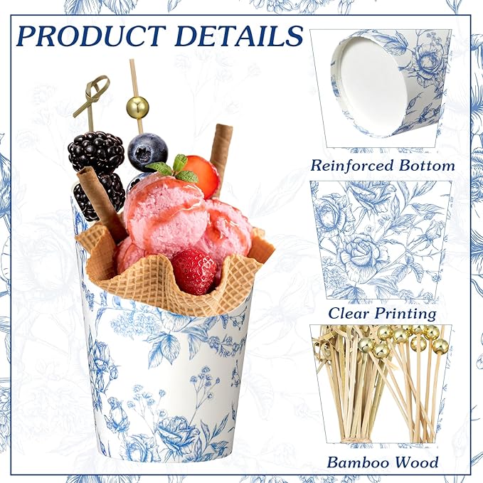 Tioncy 250 Pcs Charcuterie Cups with Cocktail Picks Sets, Bridal Shower Decoration 50 Charcuterie Cups with 200 Sticks for Wedding Baby Shower Floral Boho Witch Party Decorations(Blue,Flower)