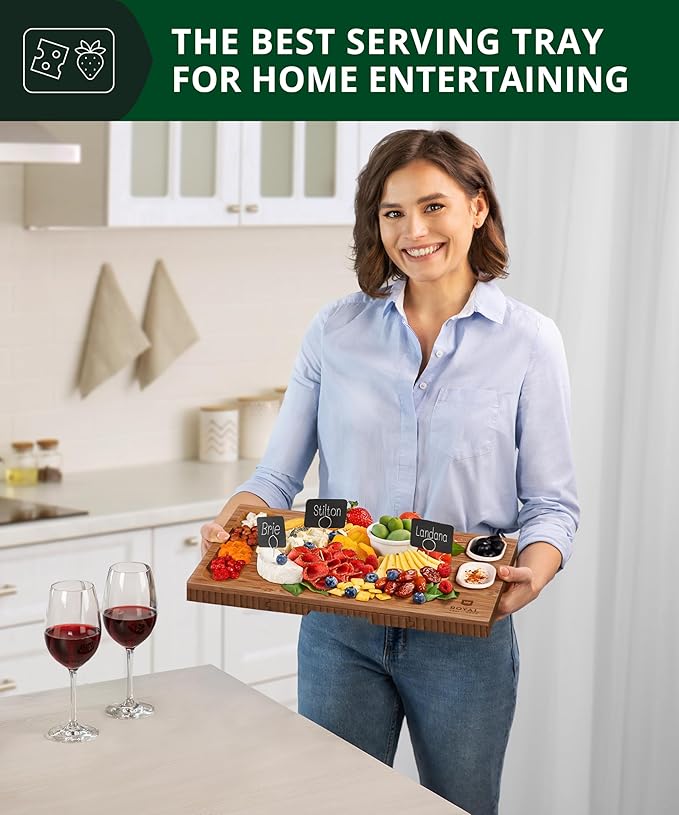 ROYAL CRAFT WOOD Bamboo Charcuterie Boards - Cheese Board Set with 2 Sauce Bowls, 4 Knives - Unique Charcuterie Board & Serving Tray - House Warming Gifts New Home Gifts