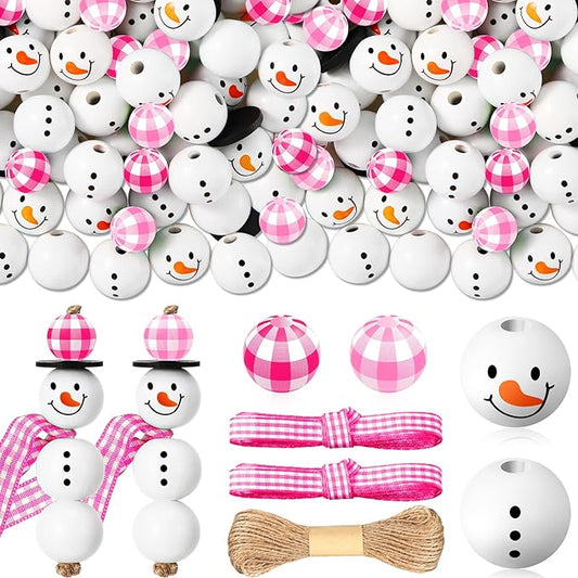 Landical 180 Piece DIY Christmas Snowman Wooden Bead Crafts Christmas DIY Ornaments Buffalo Plaid Wood Round Bead Xmas Print Wooden Beads with Twine Scarf for Crafts(Pink Color)