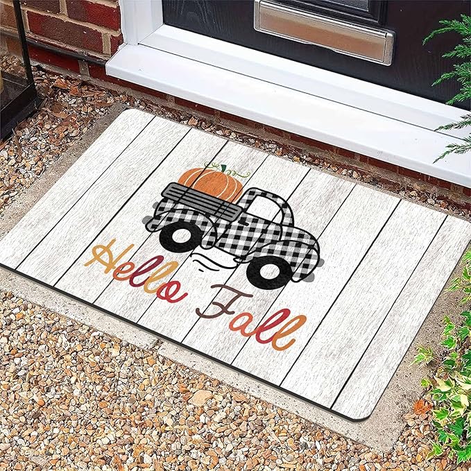 Fall Door Mat Fall Welcome Mat for Front Door, Autumn Pumpkins with Truck Black and White Buffalo Plaid Seasonal Non Slip Doormat for Entrance Entryway Outside