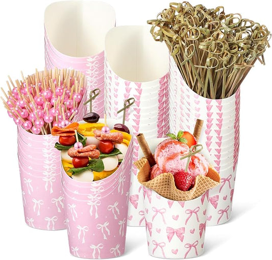 Tioncy 250 Pcs Charcuterie Cups with Cocktail Picks Sets, Bridal Shower Decoration 50 Charcuterie Cups with 200 Sticks for Wedding Baby Shower Floral Boho Witch Party Decorations (Pink,Bow)