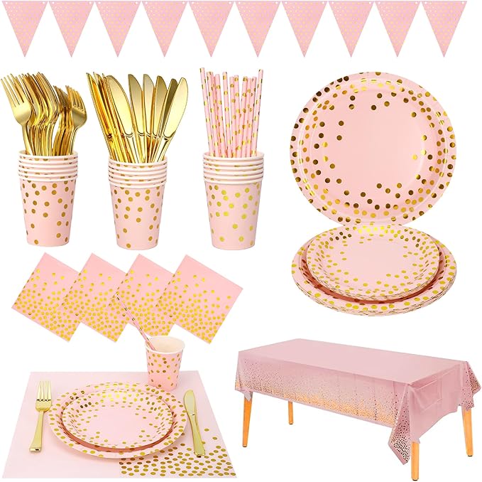 Sylken 186 Pieces pink and Gold Party Tableware Set - 25 Guests Paper Plates, Napkins, Paper Cups, and Tableware for Wedding Shower, graduations, cocktail parties , Birthday etc.