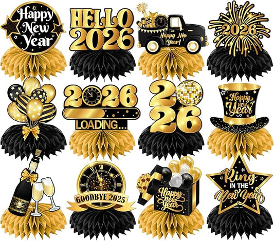 New Year Table Decorations 2026,12pcs Happy New Year Honeycomb Centerpiece Black and Gold New Years Eve Table Centerpiece,New Years Eve Party Supplies 2026 for New Years Celebratory
