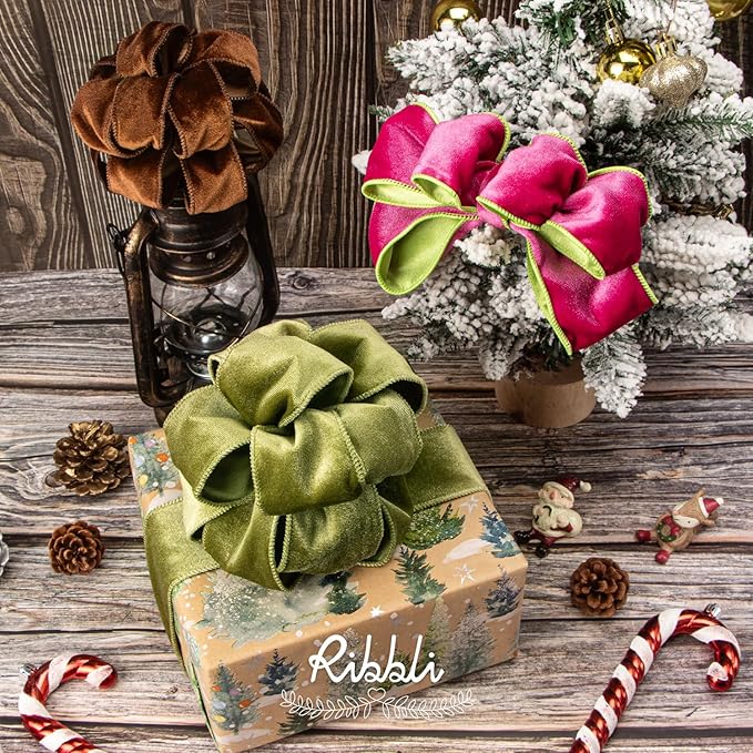 Ribbli Olive Green Velvet Wired Ribbon 1.5 Inch Velvet with Satin Christmas Ribbon for Gift Wrapping Christmas Tree Decoration Crafts Wreaths Supplies-Continuous 10 Yards
