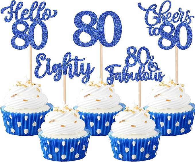 30PCS Happy 80th Birthday Cupcake Toppers Glitter Eighty Cheers to 80 Years Old Birthday Cupcake Picks Hello 80 Fabulous Cake Decorations for Happy 80th Birthday Anniversary Party Supplies Blue