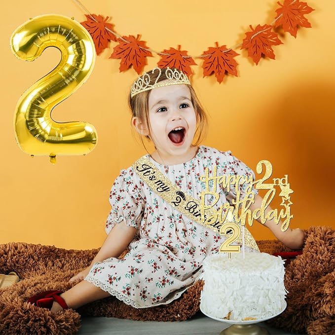2nd Birthday Decorations for Baby Girls, Including Sash and Crown, Cake Topper and Candle 2, Number Balloon, 2nd Birthday Gifts for Girls