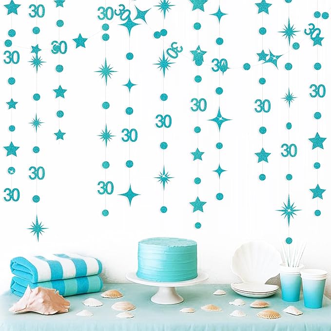 Teal Blue 30th Birthday Decorations Number 30 Circle Dot Star Garland Glitter Streamer Banner Backdrop for Women Men Dirty Thirty Cheers to 30 Years Old Birthday 30th Anniversary Party Supplies