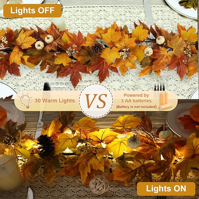 Fall Garland with Lights Outdoor 6FT Autumn Fall Leaves Garland with Pinecones Berries 30 Warm Lights Thanksgiving Christmas Fall Decorations for Home Table Farmhouse Porch Fireplace (Fall Orange)