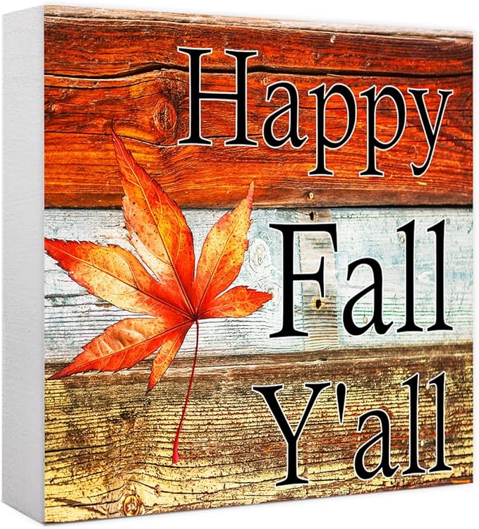Funny Autumn Maple Leaves Wood Box Sign Happy Fall Y'all Wooden Block Desk Decor for Home Office Kitchen Cubicle Table Shelf Tabletop,Farmhouse Fall Sign Decor