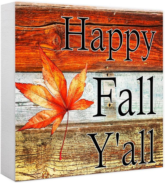 Funny Autumn Maple Leaves Wood Box Sign Happy Fall Y'all Wooden Block Desk Decor for Home Office Kitchen Cubicle Table Shelf Tabletop,Farmhouse Fall Sign Decor