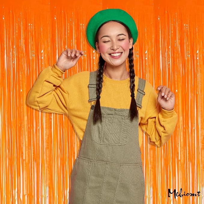 4 Pack Fringe Curtain Backdrop, 3.2Ft x 9.8Ft Macaron Orange Metallic Tinsel Foil Fringe Streamers Background for Photo Booth Birthday Wedding Baby Shower Carnival Easter Mother’s Day Party Decoration