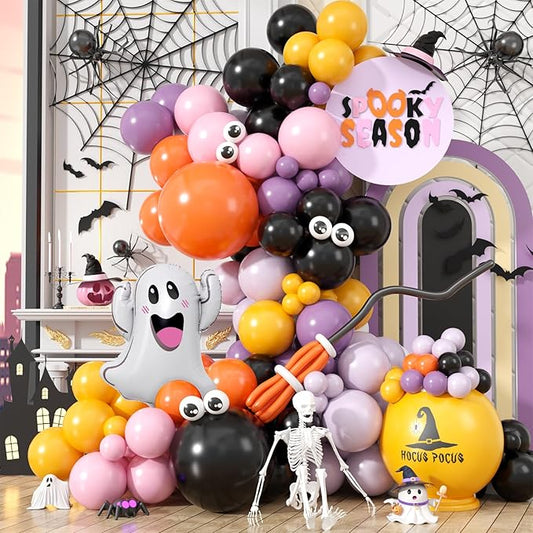 Halloween Balloon Arch Kit,120PCS Halloween Pastel Pink Black Orange Purple Balloons, Ghost Foil Ballons for Halloweenday Party Decorations BOO Party Supply Birthday,Baby Shower