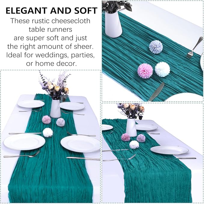 6 Pack Teal Cheesecloth Table Runner 10FT Boho Gauze Fabric Table Runner 35 x 120 Inch Rustic Sheer Runner for Centerpiece Wedding Decor Baby Shower Party Boho Table Decoration(Teal)