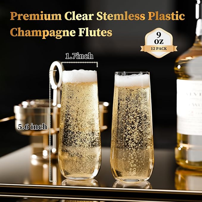 Guanqiao 12 Pack Stemless Plastic Champagne Flutes, 9 oz Clear Disposable Plastic Glasses, Heavy Duty Shatterproof Recyclable Mimosa Glasses for Party Wine Tasting Wedding New Years Eve Party Supplies