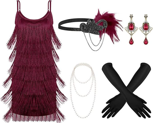 Zhanmai 6 Pcs Flapper Dress Flapper Costumes for Women 1920s Accessories Set Headband Pearl Necklace Earrings Gloves Stick