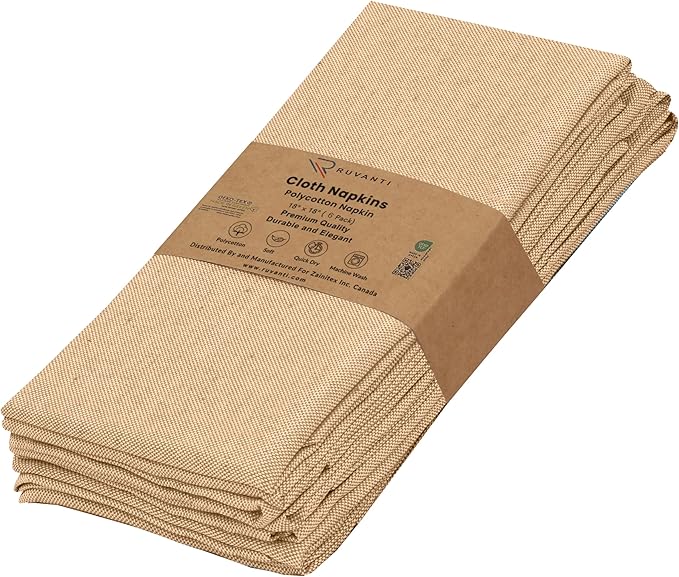 Ruvanti Cloth Napkins Set of 6, 18x18 Reusable Napkins Cloth Washable, Soft & Durable Table Napkin, Poly Cotton Fabric Dinner Napkins for Parties, Christmas, Thanksgiving, Weddings - Honey