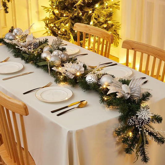 GarveeHome Christmas Garland with Lights, 6 ft Prelit Outdoor Christmas Garland with Silver White Christmas Balls Pine Cones for Mantle Front Door Table Centerpiece Indoor Home Holiday Decorations