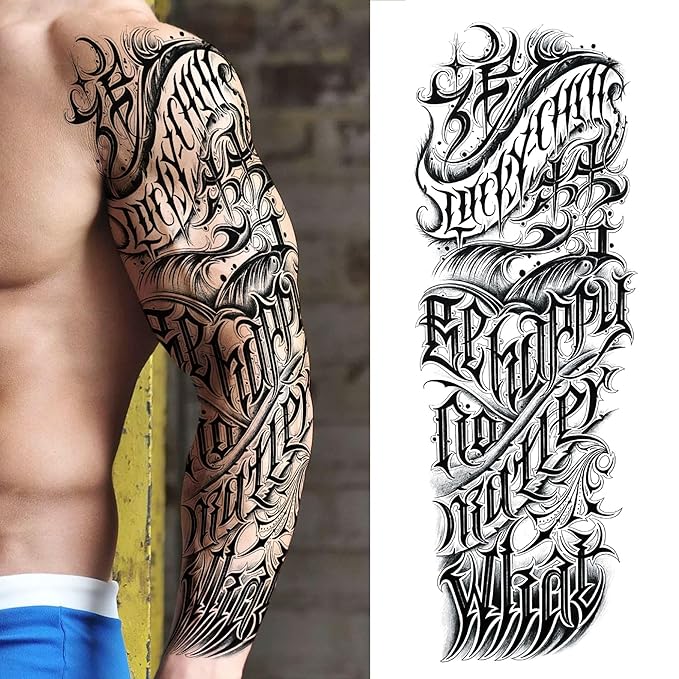 20 Sheets Cool Tirbal Maori Full Arm Temporary Tattoos For Men Adults Thigh, Black Totem Armband Robot Arm Letter Fake Sleeve Tattoos For Women, Bulk 3D Halloween Tattoo Stickers Loyalty Faith