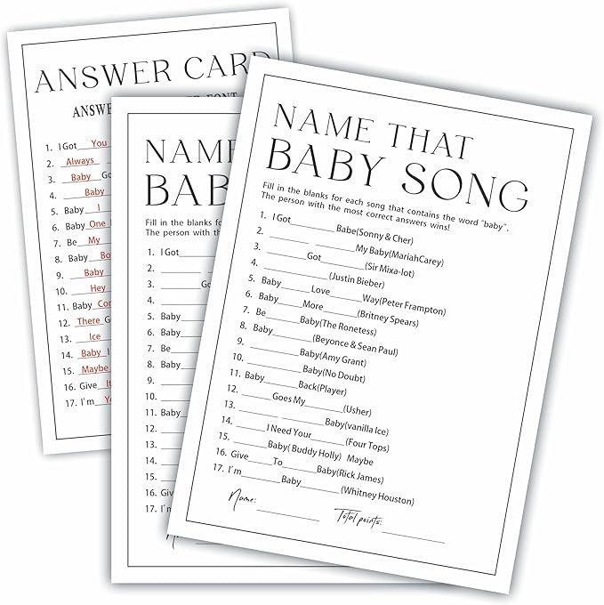 Minimalism Name That Baby Song Game for Guests - 30 Game Cards, 1 Answer Card, Wishes For Baby & Gender Reveal Card