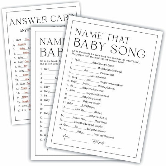 Minimalism Name That Baby Song Game for Guests - 30 Game Cards, 1 Answer Card, Wishes For Baby & Gender Reveal Card