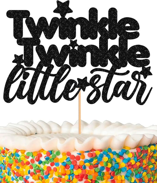 Twinkle Twinkle Little Star Cake Topper - Glitter Black Baby Shower Party Cake Decoration, Perfect for Gender Reveal Party, 1st birthday Party or Photo Booth Props (Black)
