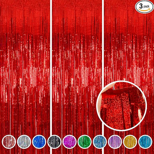 Foil Fringe Curtains Thanksgiving Decorations Red Streamers Party Decorations - Melsan 3 Pack 3.2 x 8.2 ft red Fringe Backdrop Party Photo Backdrop for Back to School Birthday Party Baby Shower