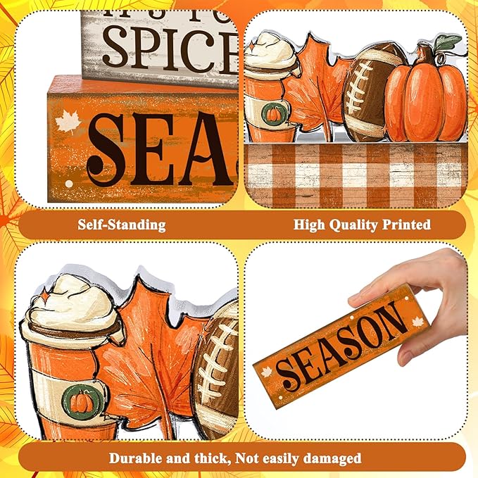4 Pcs Fall Football Decorations for Home Thanksgiving Table Decor Fall Tiered Tray Decor Decorative Football Maple Leaves Pumpkins Block Signs Farmhouse Thanksgiving Centerpiece for Home