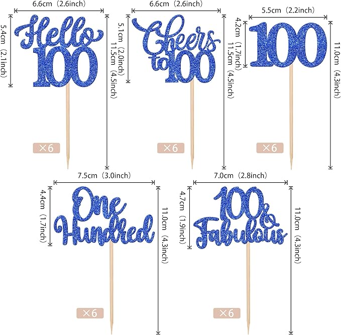 30PCS Happy 100th Birthday Cupcake Toppers One Hundred Cheers to 100 Years Birthday Cupcake Picks Hello 100 Fabulous Cake Decorations for Happy 100th Birthday Anniversary Party Supplies Blue