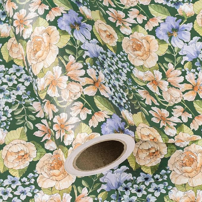 WRAPAHOLIC Kraft Floral Wrapping Paper Roll - Mini Roll - 17 Inch x 16.5 Feet - Vintage Flower Wrapping Paper Perfect for Wedding, Birthday, Bridal Shower, Tea Party