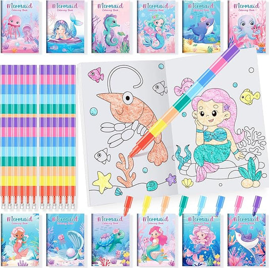 BenLouis 24 Mermaid Mini Coloring Books Kids with 24 Stacking Crayons Little Mermaid Theme Party Favors Activity Books Bulk for Kids Ocean Birthday Goodie Bag Gift Stuffer Classroom Reward
