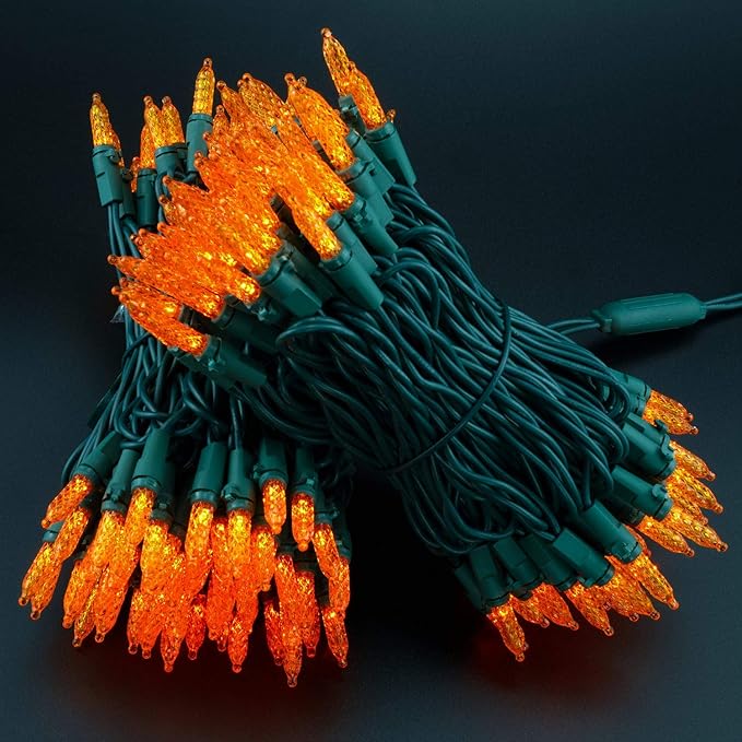 YULETIME Orange Faceted LED Christmas Lights 200 Count 50 ft, Pack of 2 Strands 25 ft 100 Lights UL Certified Halloween String Light Set (Orange)