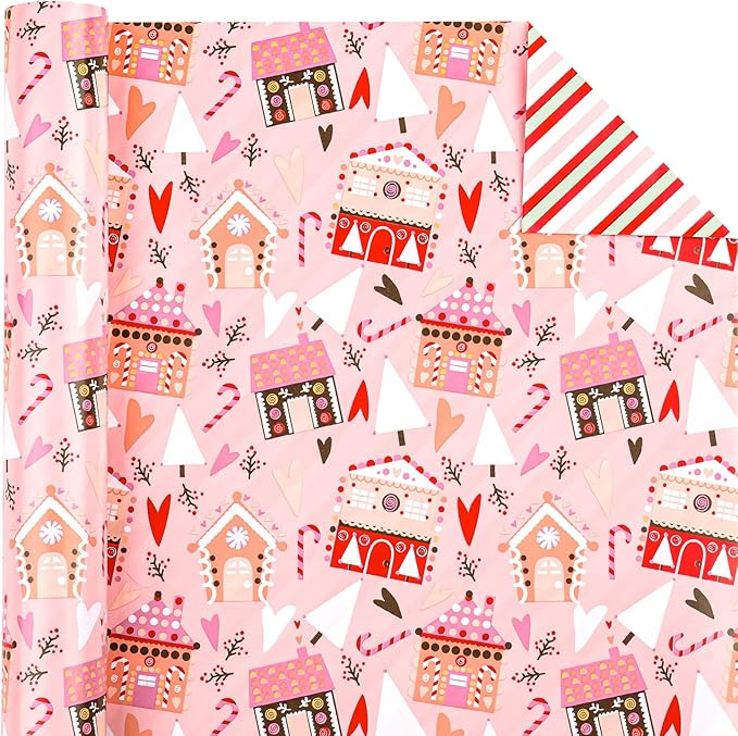 WRAPAHOLIC Reversible Christmas Wrapping Paper - Mini Roll - 17 Inch x 33 Feet - House with Christmas Tree and Candy Cane Wrapping Paper for Holiday, Party Celebration